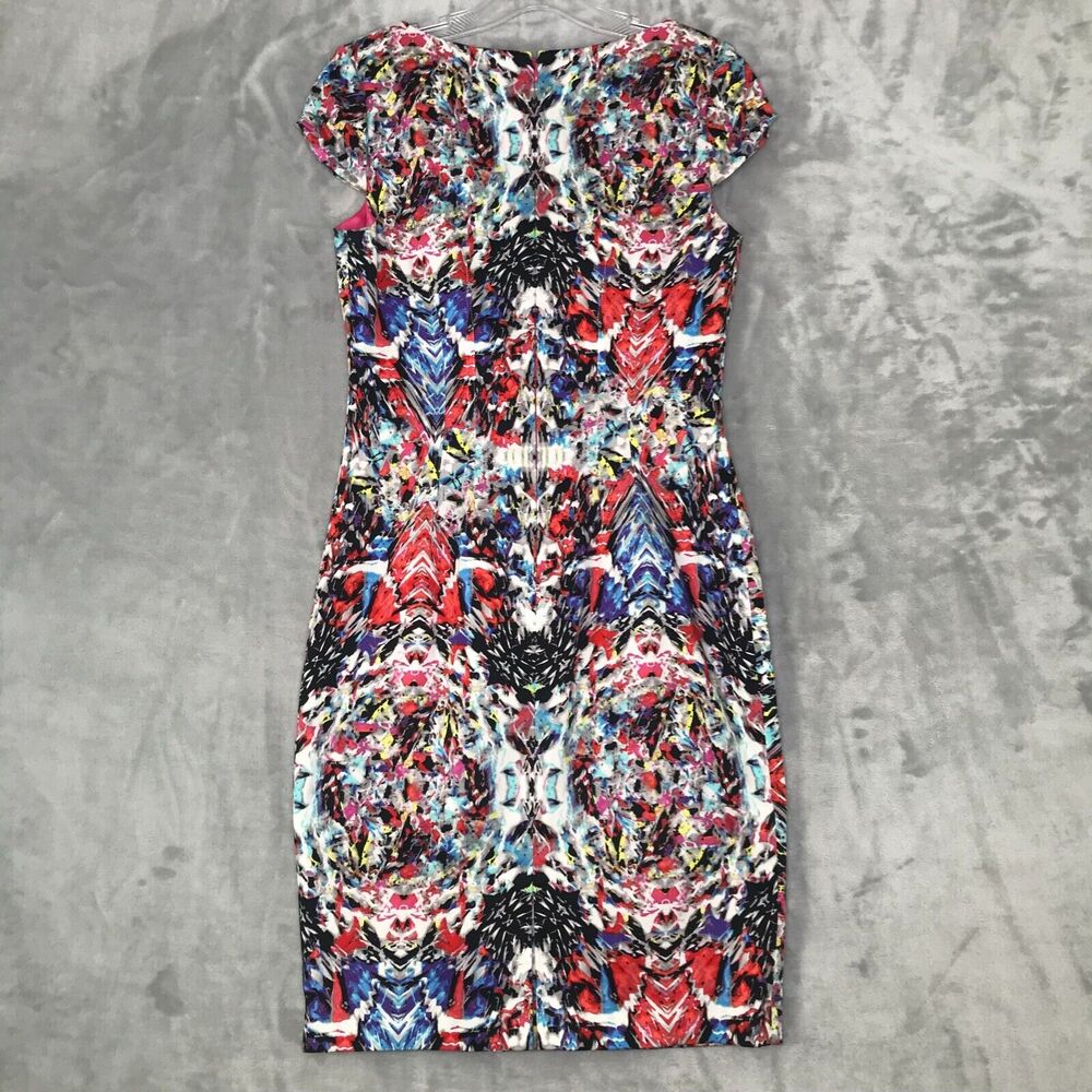 Tahari Dress Womens 4 Multicolor Geometric Print Cap Sleeve Crew Neck Sheath - Picture 2 of 14